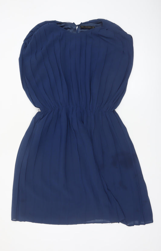 Zara Basic Women’s Blue Pleated Chiffon Shift Dress Size 12