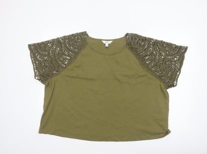 Marks and Spencer Women's Green Crochet Sleeve Cotton T-Shirt Size 24