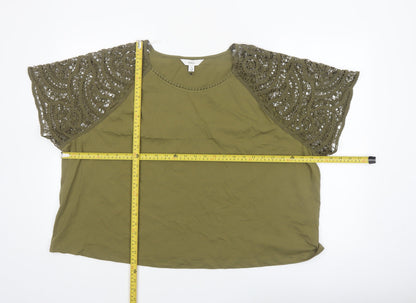 Marks and Spencer Women's Green Crochet Sleeve Cotton T-Shirt Size 24