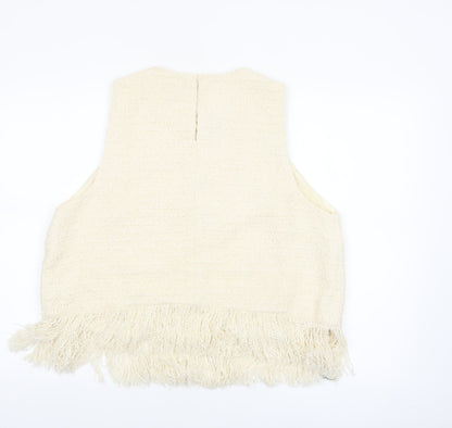 Marks and Spencer Women's Beige Cropped Fringe Tweed Blouse Size 18