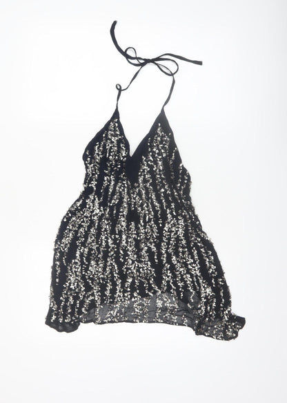 Zara Women Black Sequin Halter Camisole Party Top Size 8