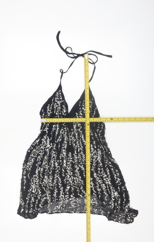 Zara Women Black Sequin Halter Camisole Party Top Size 8