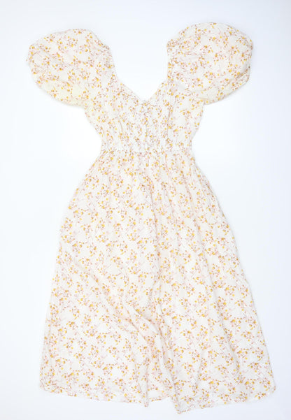 Next Women’s White Floral Puff Sleeve Midi Dress Size 6