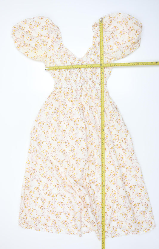 Next Women’s White Floral Puff Sleeve Midi Dress Size 6