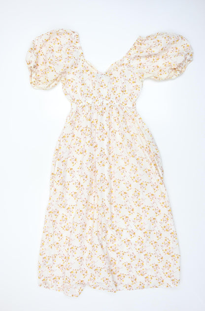 Next Women’s White Floral Puff Sleeve Midi Dress Size 6