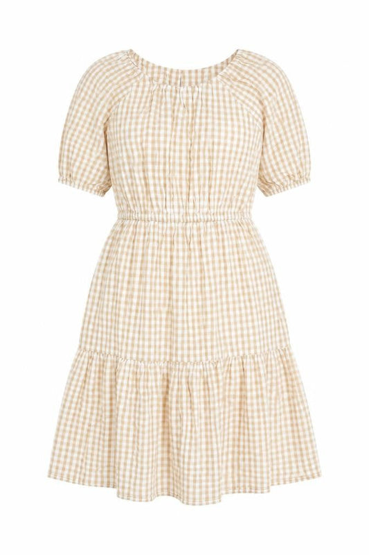 Front view of French Connection Women’s Beige Check Midi A-Line Cotton Dress, size S