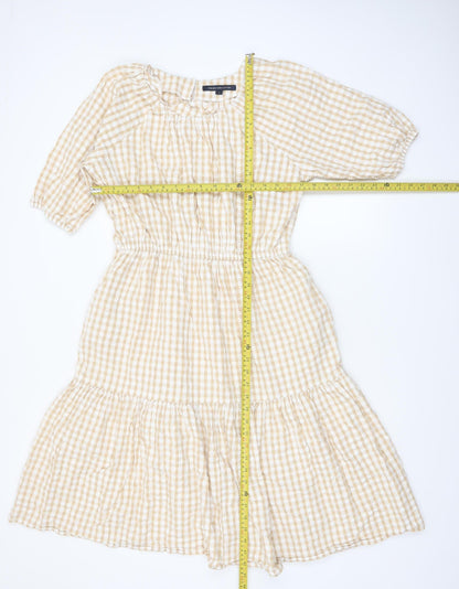 French Connection Women’s Beige Check Midi A-Line Cotton Dress Size S