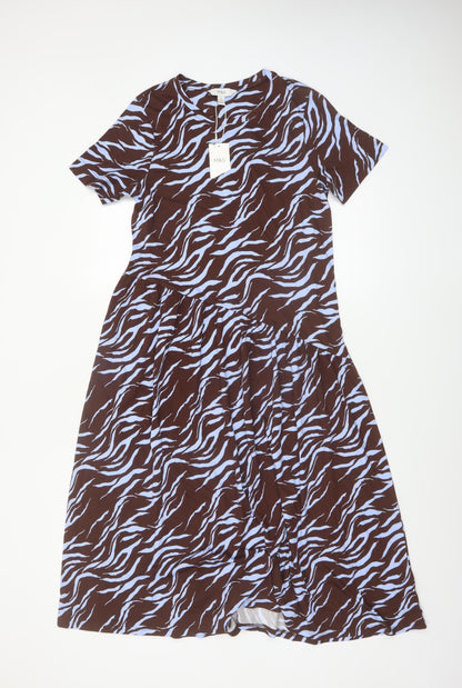 Marks and Spencer Women Brown Animal Print Cotton Midi Dress Size 8 Petite