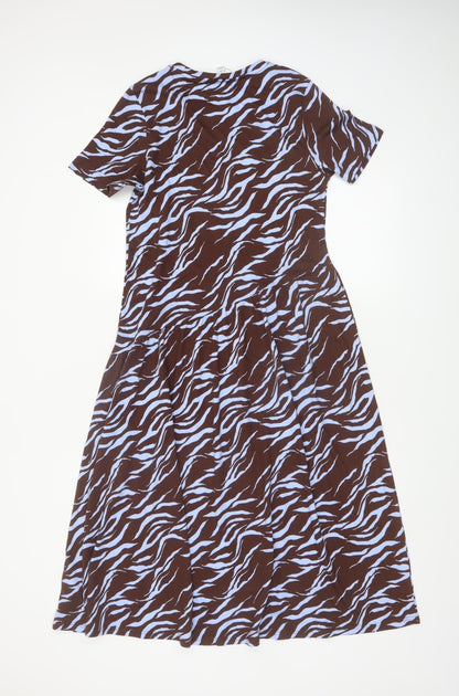 Marks and Spencer Women Brown Animal Print Cotton Midi Dress Size 8 Petite