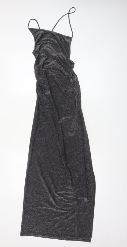 Pull&Bear Women’s Black Long Slip Dress Size S Glitter Partywear