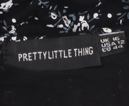 PrettyLittleThing Women's Black Floral Maxi Dress Size 16 V-Neck