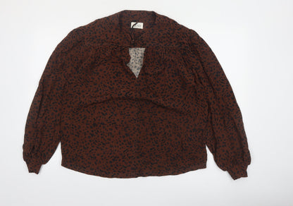 Hush Womens Brown Animal Print V-Neck Tie Blouse Size 10