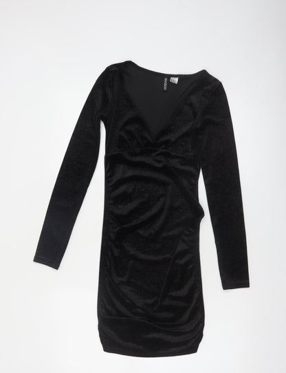 H&M Divided Women’s Black Velvet Bodycon Dress XS Long Sleeve Party