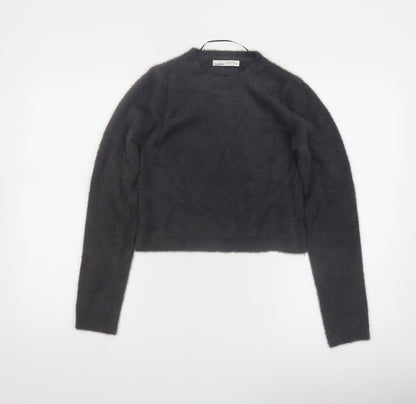 PULL&BEAR Women's Grey Fluffy Crew Neck Long Sleeve Jumper Size S