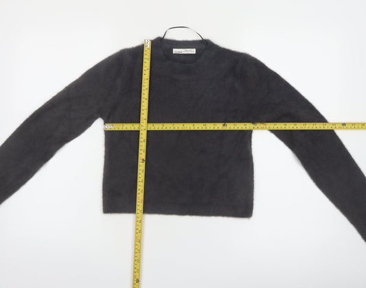 PULL&BEAR Women's Grey Fluffy Crew Neck Long Sleeve Jumper Size S