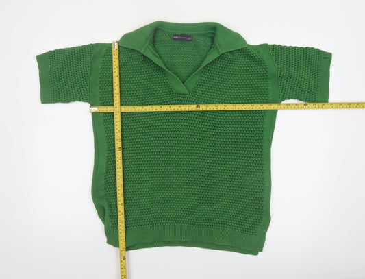Marks and Spencer Women's Green Cotton Collared Short Sleeve Jumper M