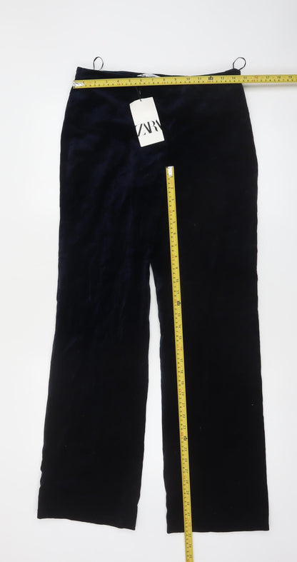 ZARA Women Black Velvet Straight Leg Cotton Trousers Size 12