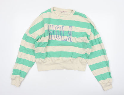 Tu Women Green Beige Striped Pullover Sweatshirt XS Cotton Crew Neck