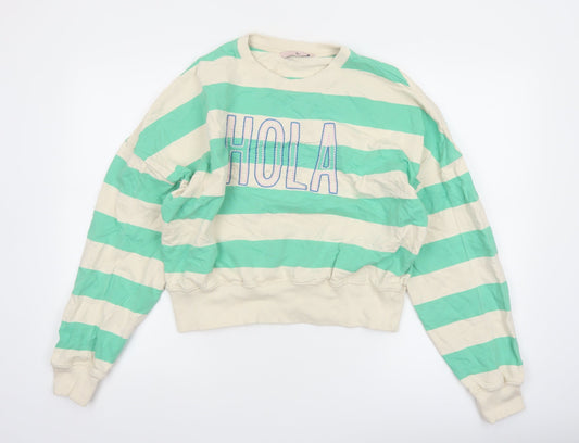 Tu Women Green Beige Striped Pullover Sweatshirt XS Cotton Crew Neck