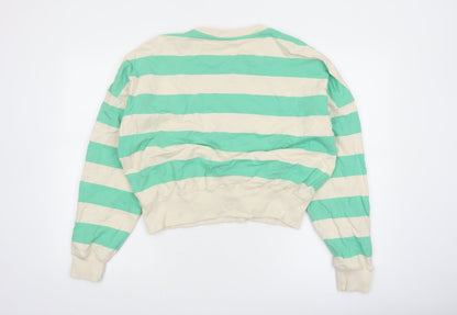 Tu Women Green Beige Striped Pullover Sweatshirt XS Cotton Crew Neck