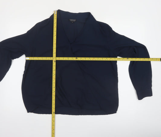 Topshop Women Blue Wrap Blouse Size 12 Long Sleeve V-Neck