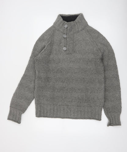 Fat Face Mens Grey Wool Henley Jumper Medium Knit High Neck