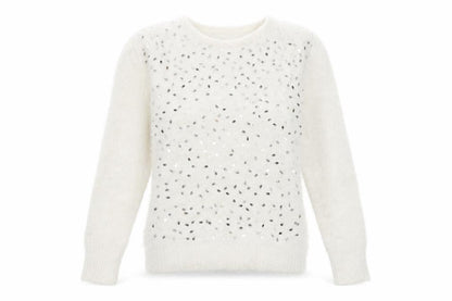 Quiz Womens Ivory Sequin Pullover Jumper Size S Long Sleeve Knit