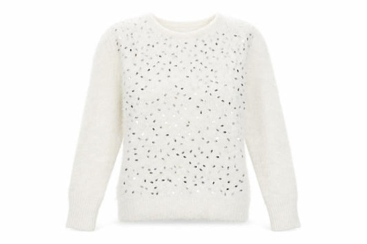 Quiz Womens Ivory Sequin Pullover Jumper Size S Long Sleeve Knit