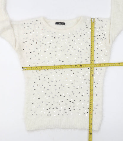 Quiz Womens Ivory Sequin Pullover Jumper Size S Long Sleeve Knit