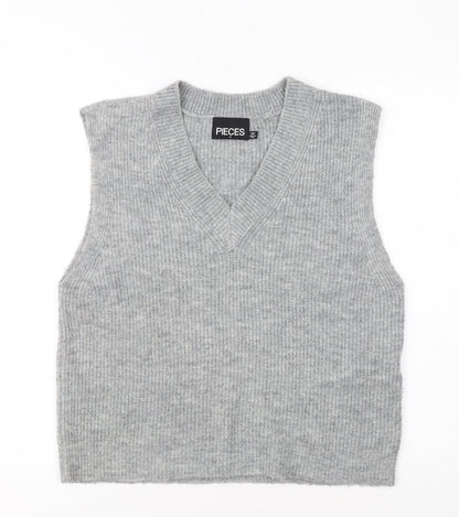 Pieces Women Grey Knit Sleeveless V-Neck Vest Jumper Size M