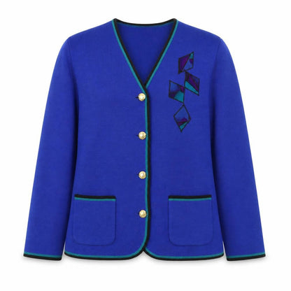 C&D Women’s Blue Wool Cardigan Size 12 V-Neck Geometric Classic Knit