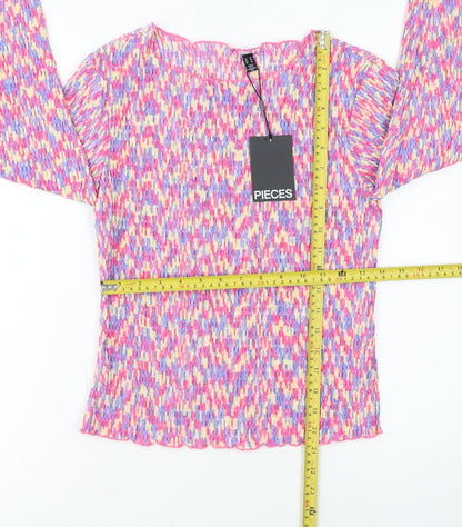 Pieces Womens Multicoloured Cropped Long Sleeve Slim Fit Blouse M