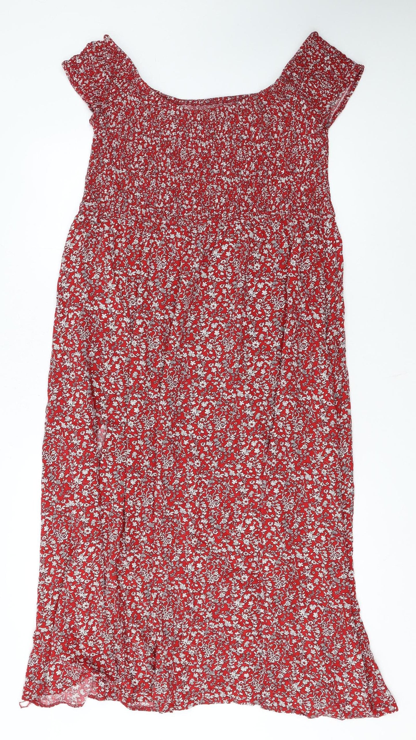 Roman Women's Red Floral Smocked Off Shoulder A-Line Midi Dress Size 20