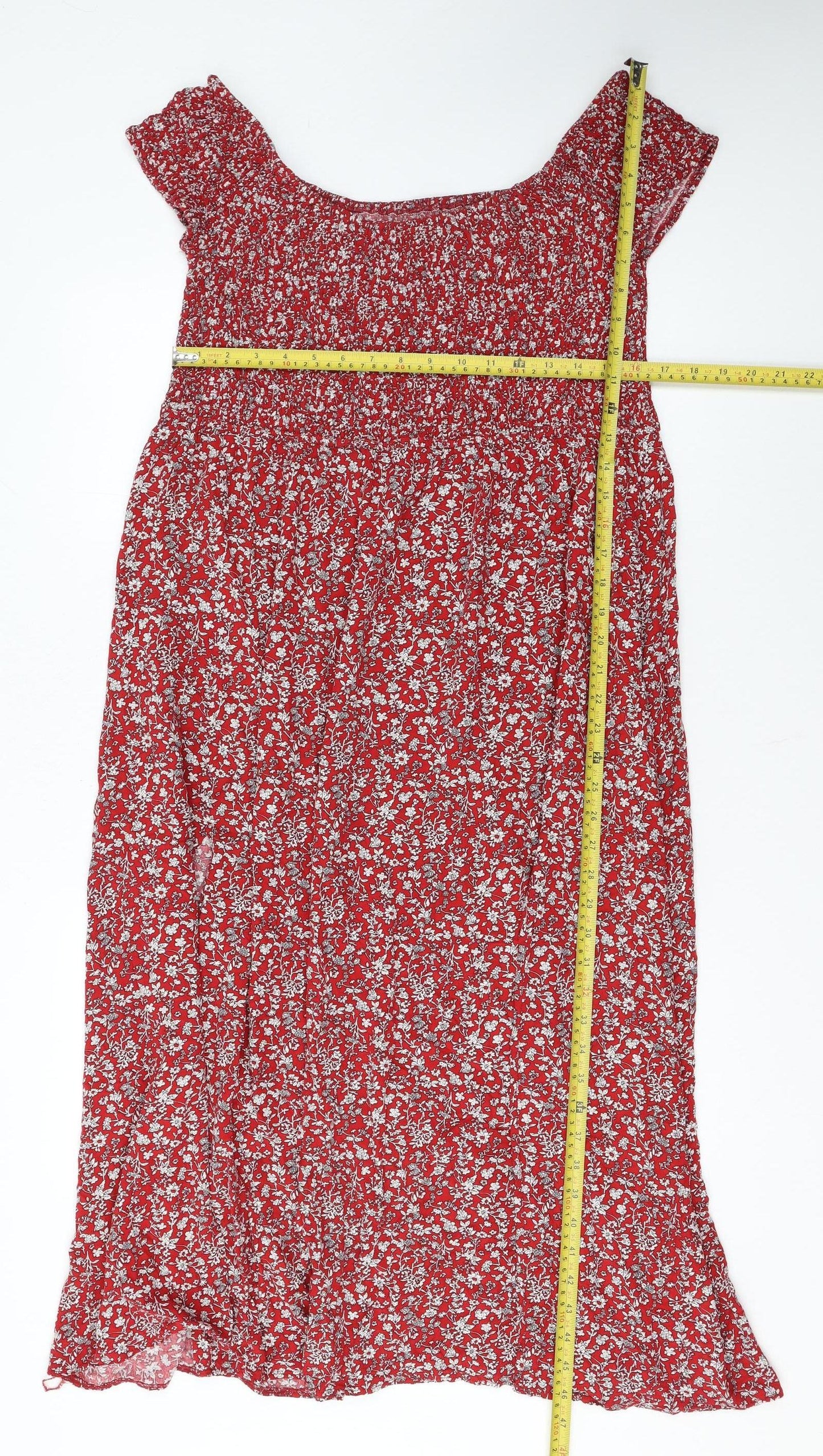 Roman Women's Red Floral Smocked Off Shoulder A-Line Midi Dress Size 20