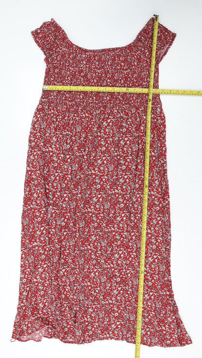 Roman Women's Red Floral Smocked Off Shoulder A-Line Midi Dress Size 20