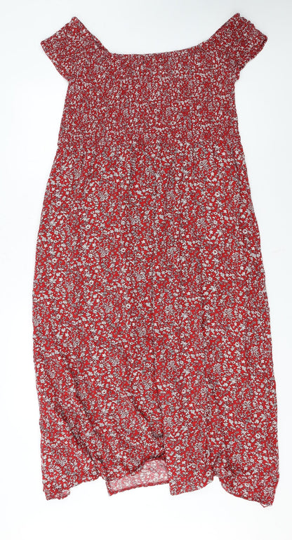 Roman Women's Red Floral Smocked Off Shoulder A-Line Midi Dress Size 20