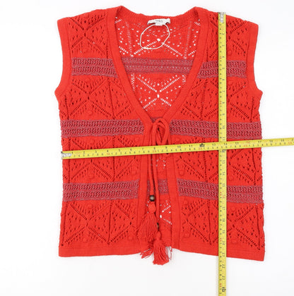 Marks and Spencer Women Red Crochet Open Knit Tassel Vest S