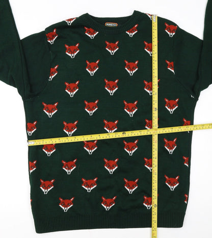 Run & Fly Men's Green Fox Pattern Knit Jumper Size L