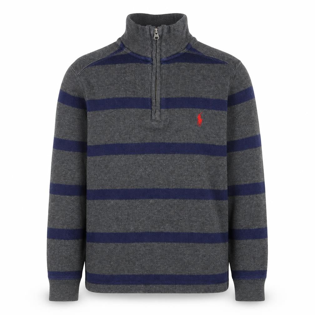 Front view of Ralph Lauren boys’ grey striped 1/4 zip knit sweatshirt, size 8, years