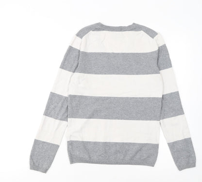 Tommy Hilfiger Men’s Grey Striped V-Neck Cotton Jumper Size S