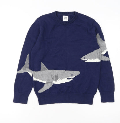 GAP Kids Boys Navy Blue Shark Graphic Cotton Pullover Jumper 8-9 Years