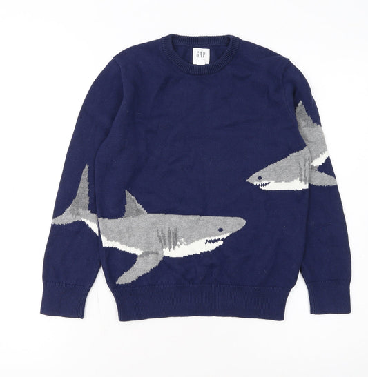 GAP Kids Boys Navy Blue Shark Graphic Cotton Pullover Jumper 8-9 Years
