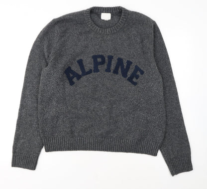 H&M Women Grey Wool Blend Pullover Jumper XL Crew Neck Alpine Logo