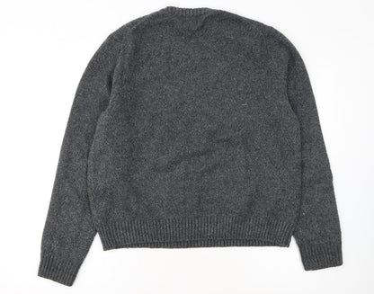 H&M Women Grey Wool Blend Pullover Jumper XL Crew Neck Alpine Logo
