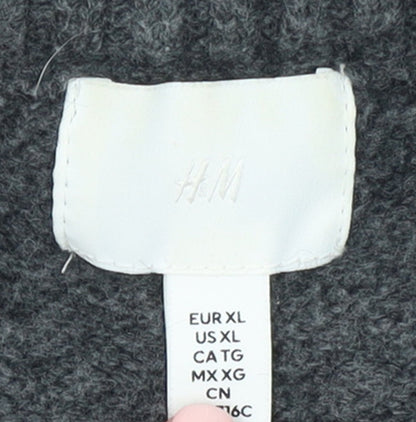 H&M Women Grey Wool Blend Pullover Jumper XL Crew Neck Alpine Logo