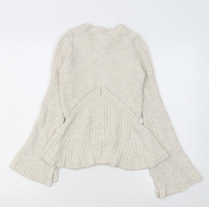 Topshop Women Ivory Ribbed Knit Flared Sleeve Jumper Size 6