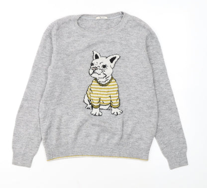 Tu Women Grey Dog Print Jumper Size 12 Acrylic Knit Pullover