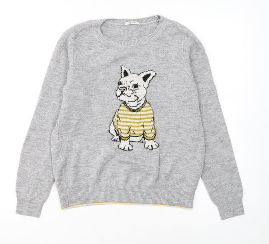 Tu Women Grey Dog Print Jumper Size 12 Acrylic Knit Pullover