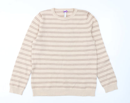BHS Women Beige Striped Cotton Crew Neck Jumper Size 10