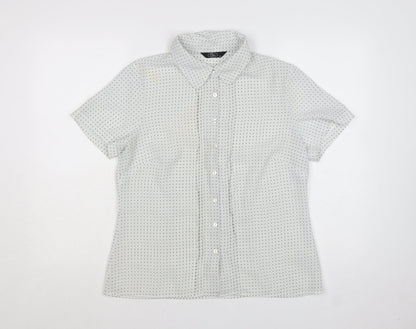 Bm Womens White Polka Dot Short Sleeve Button-Up Blouse Size 14